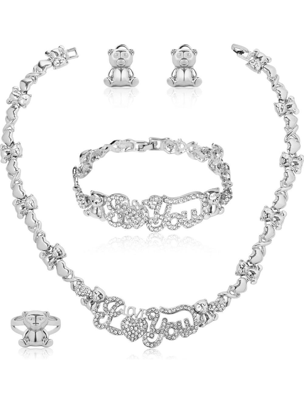 Silver Teddy Bear Crystal Jewelry Set - Necklace, Bracelet, Earrings & Ring